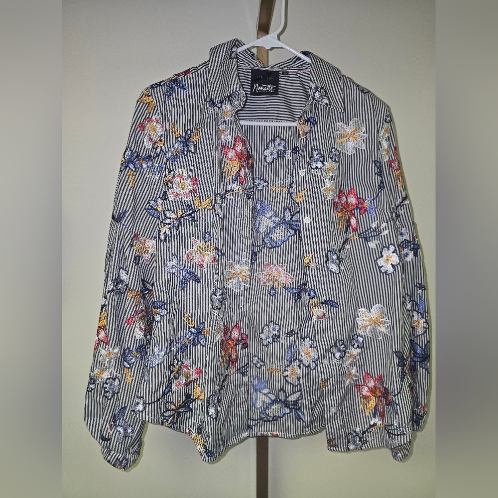Nanette Lepore Floral Striped Blouse - Blue and White
